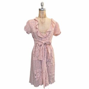 Odd Molly Blooming Soft Pink Lace Faux Wrap Dress with Ruffle Neckline Size M/2